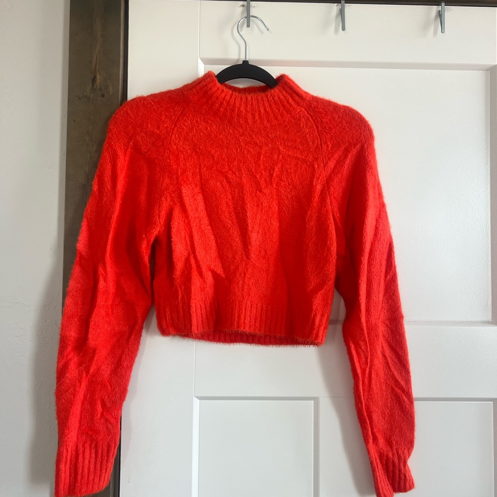 Vibrant Red Cropped Mock Neck Sweater